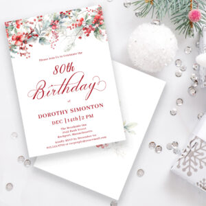 Elegant Winter Berry Botanical 80th Birthday Invitation