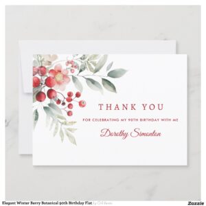 Elegant Winter Berry Botanical 90th Birthday Flat Thank You Card