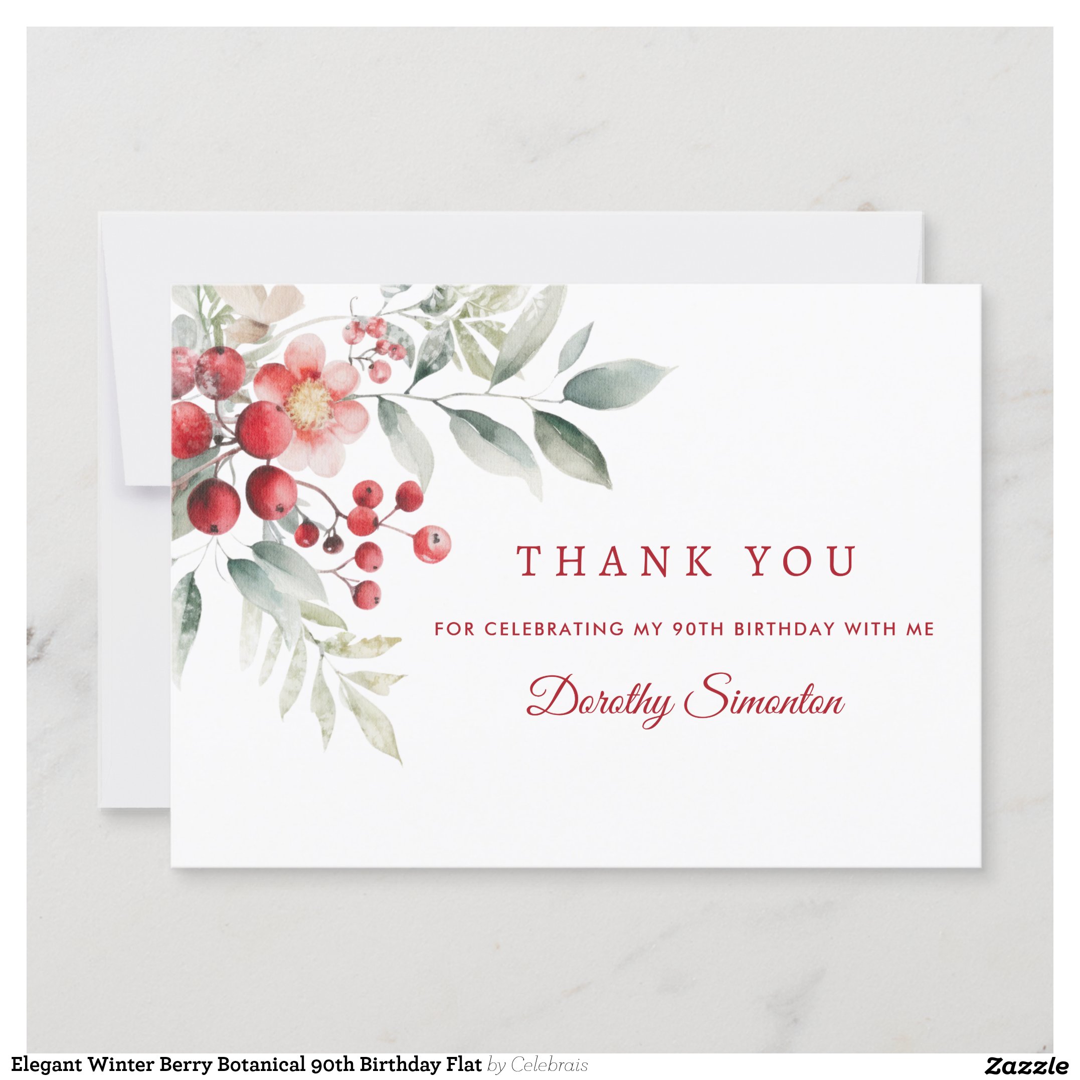 Elegant Winter Berry Botanical 90th Birthday Flat Thank You Card