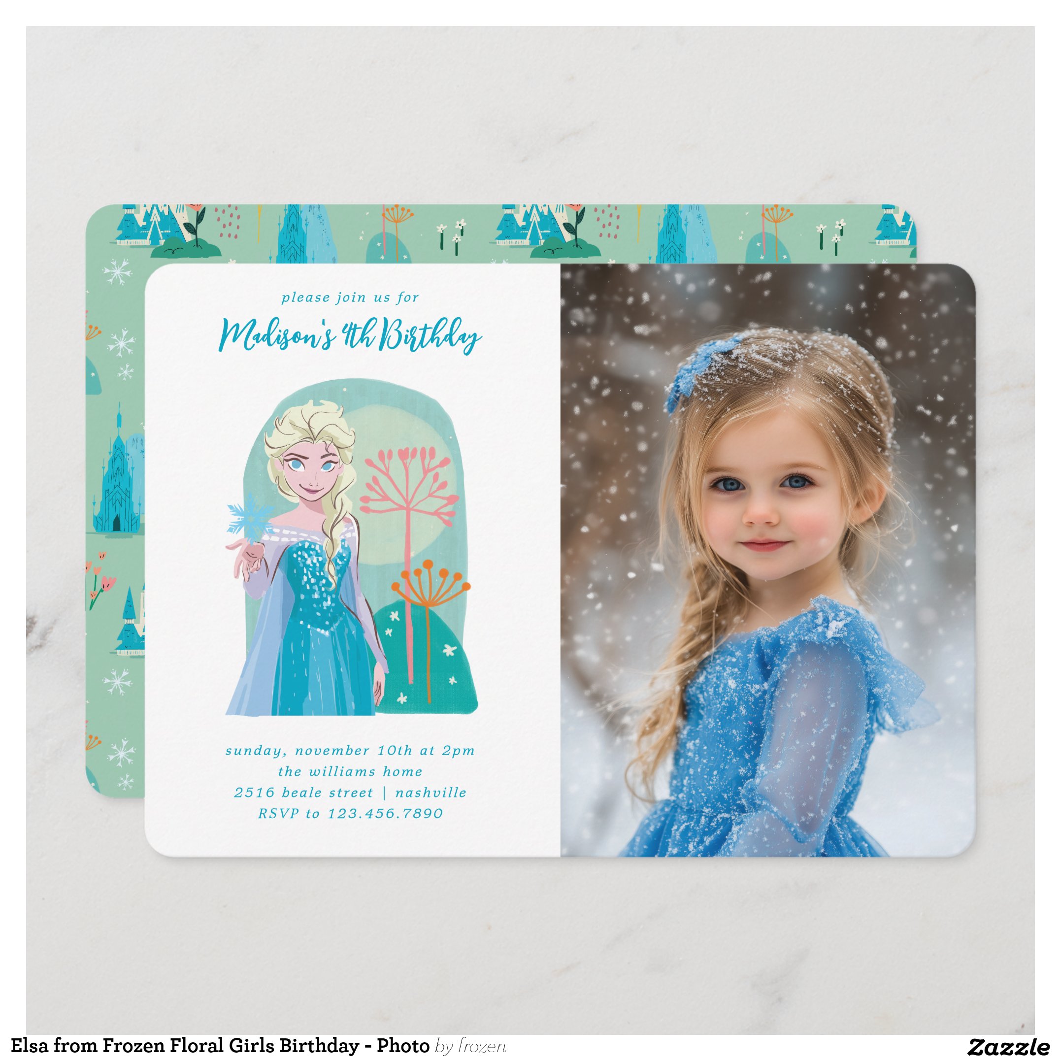 Elsa from Frozen Floral Girls Birthday - Photo Invitation