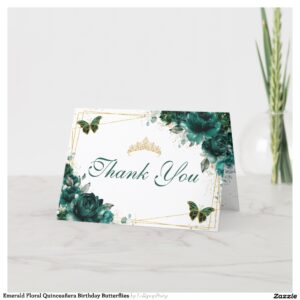 Emerald Floral Quincea?era Birthday Butterflies Thank You Card
