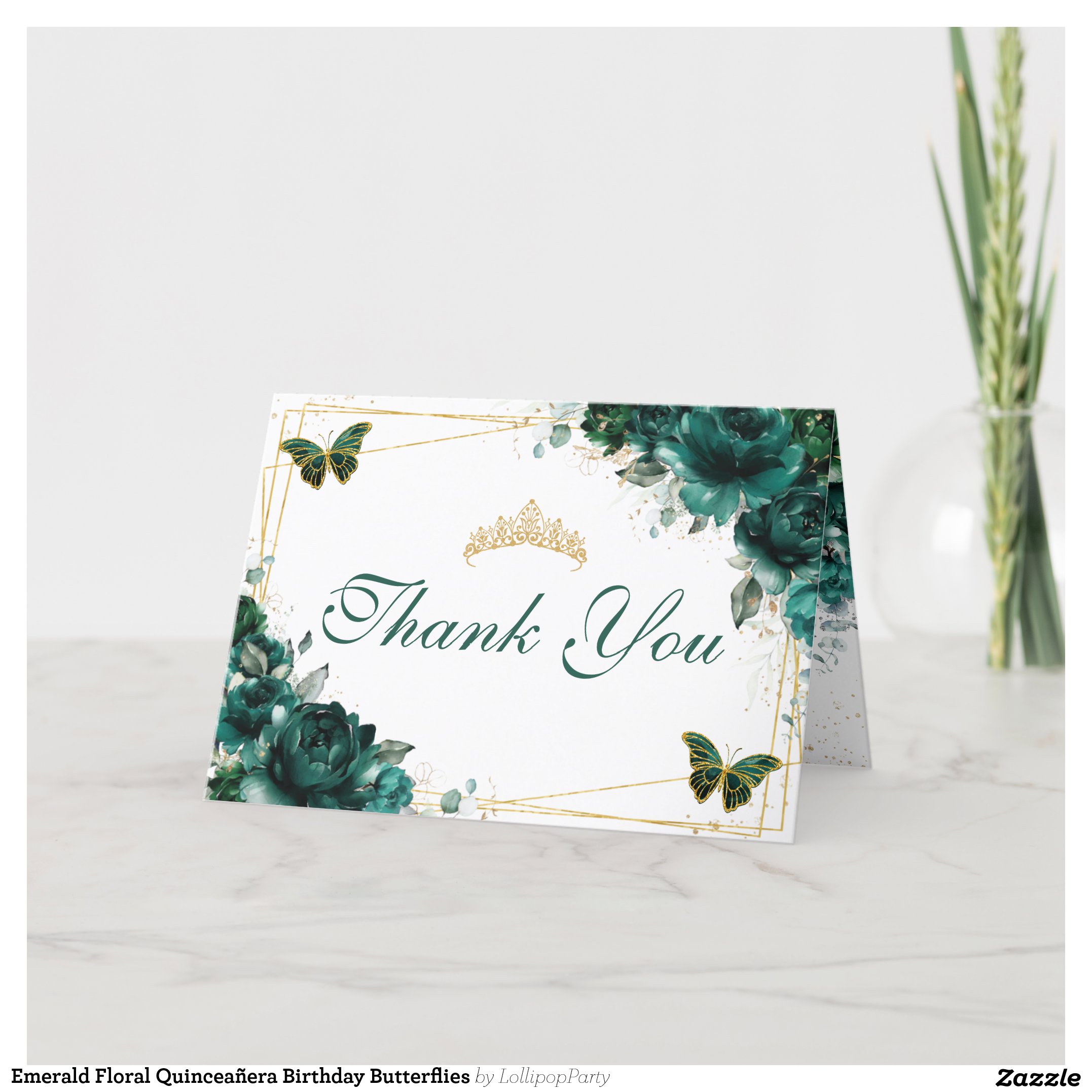 Emerald Floral Quincea?era Birthday Butterflies Thank You Card