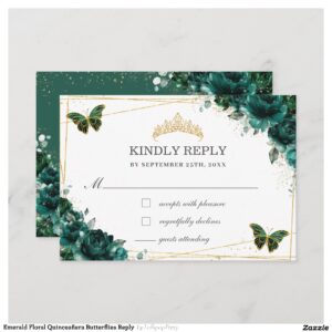 Emerald Floral Quincea?era Butterflies Reply RSVP Card