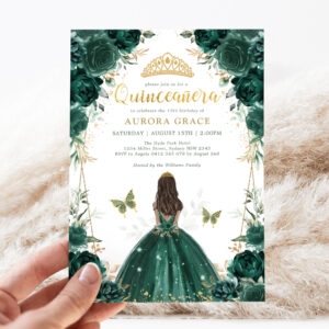 Emerald Green Floral Quincea?era Crown Princess Invitation