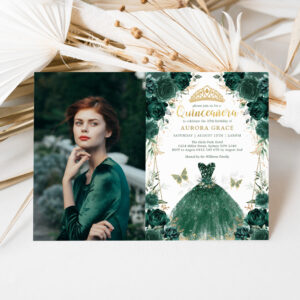 Emerald Green Floral Quincea?era Princess Photo Invitation