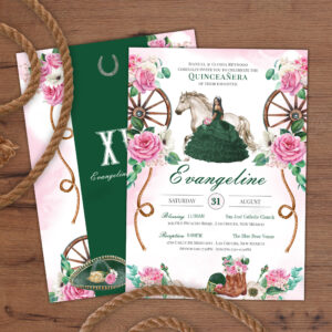 Emerald Green Pink Rose Charro Western Quincea?era Invitation