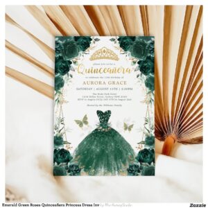Emerald Green Roses Quincea?era Princess Dress Inv Invitation