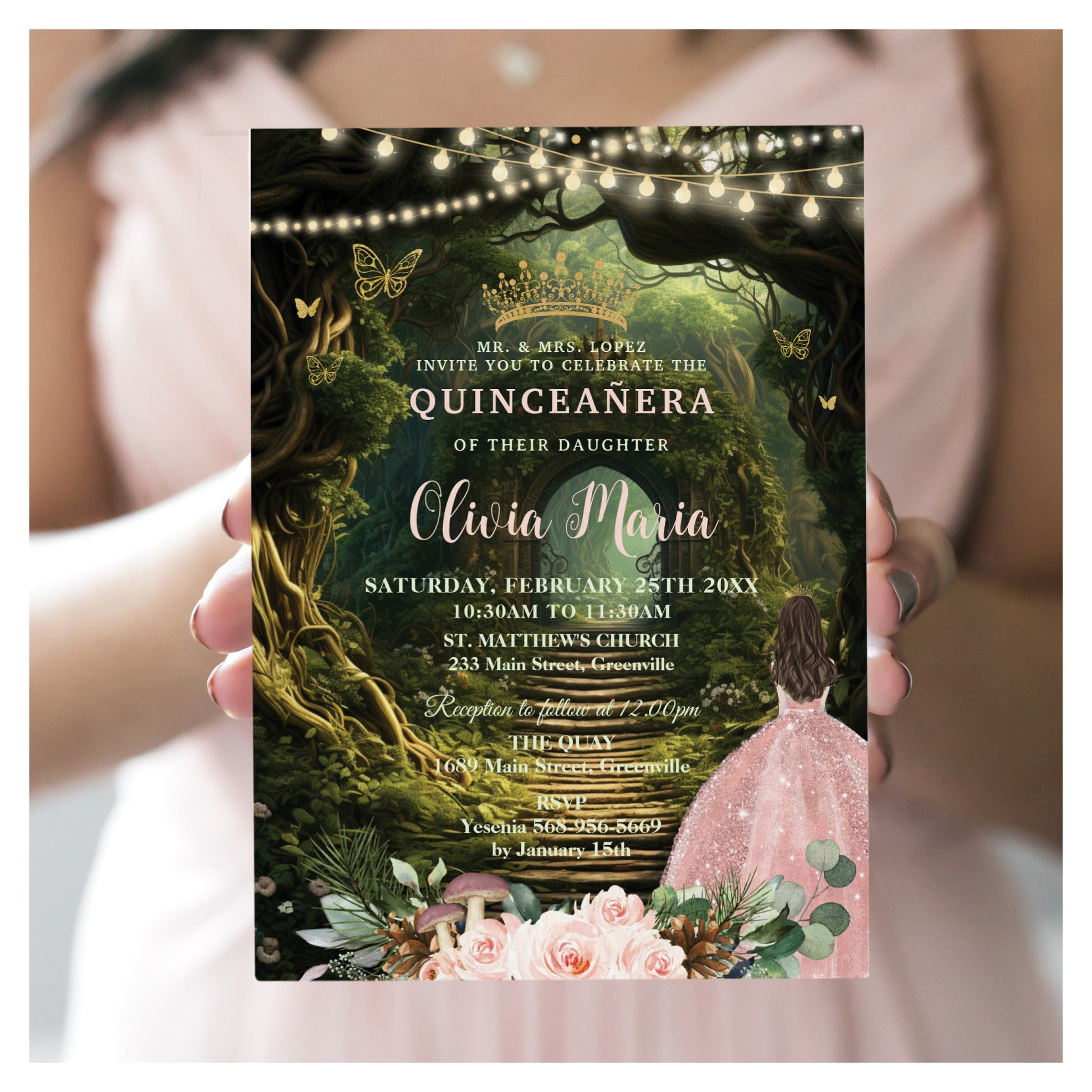 Enchanted Forest Blush Floral Quincea?era Sweet 16 Invitation