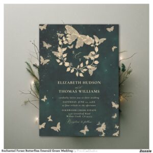 Enchanted Forest Butterflies Emerald Green Wedding Invitation