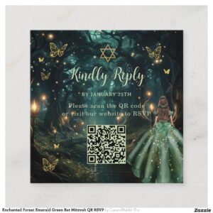 Enchanted Forest Emerald Green Bat Mitzvah QR RSVP Enclosure Card