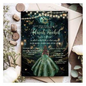 Enchanted Forest Emerald Green Dress Bat Mitzvah Invitation