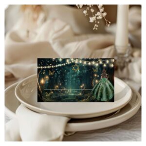 Enchanted Forest Emerald Green Dress Bat Mitzvah Place Card