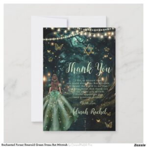 Enchanted Forest Emerald Green Dress Bat Mitzvah Thank You Card