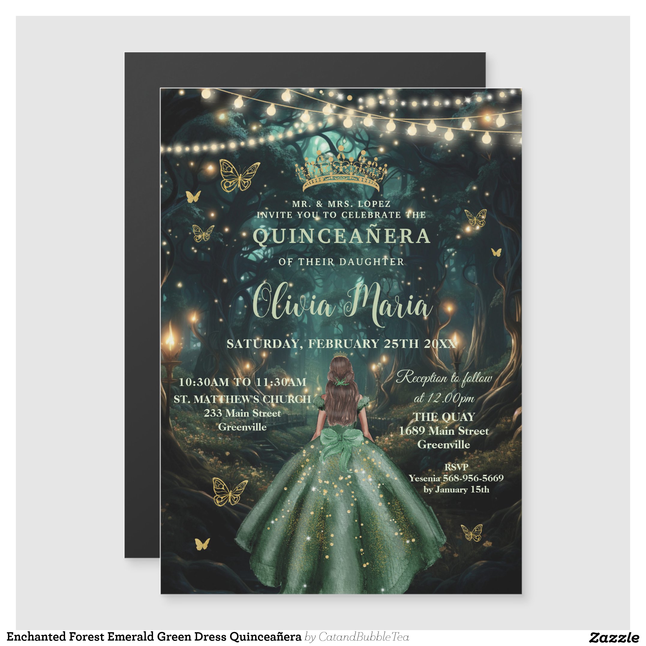 Enchanted Forest Emerald Green Dress Quincea?era Magnetic Invitation