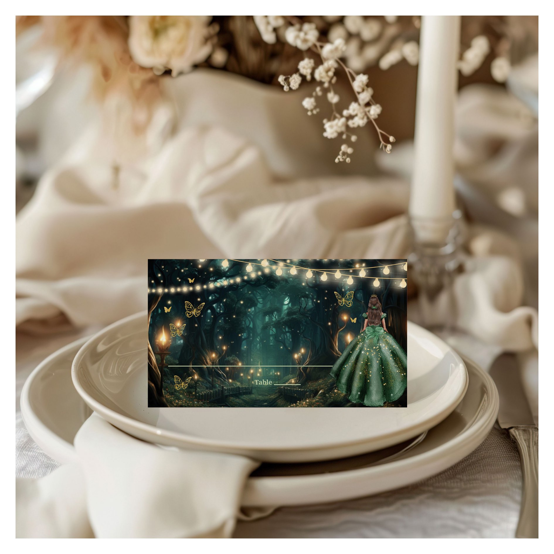 Enchanted Forest Emerald Green Dress Quincea?era Place Card