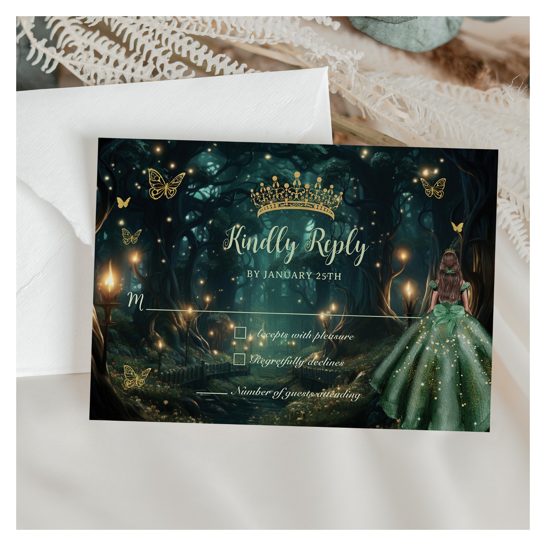 Enchanted Forest Emerald Green Dress Quincea?era RSVP Card