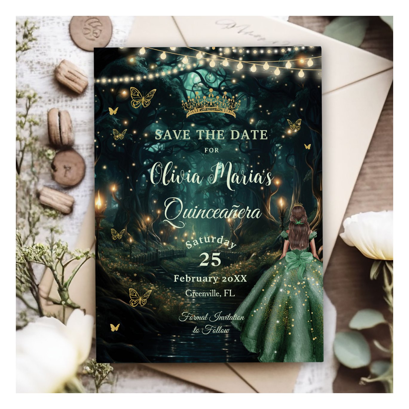Enchanted Forest Emerald Green Dress Quincea?era Save The Date