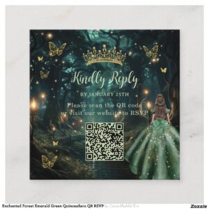 Enchanted Forest Emerald Green Quincea?era QR RSVP Enclosure Card