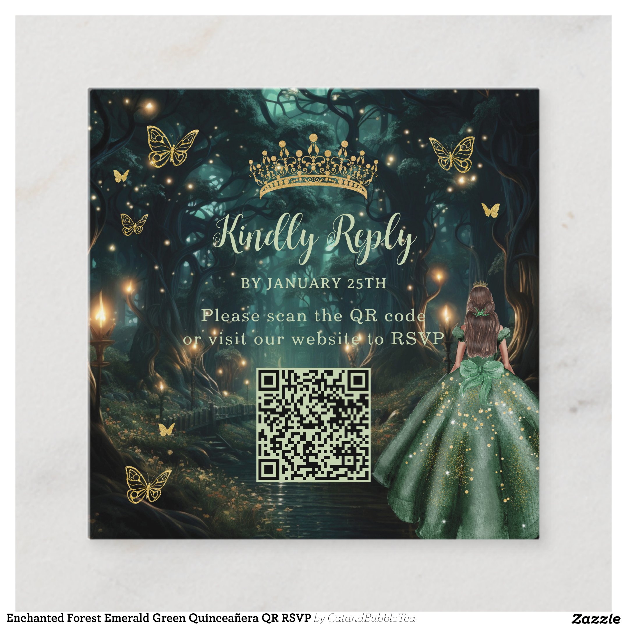 Enchanted Forest Emerald Green Quincea?era QR RSVP Enclosure Card