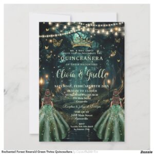 Enchanted Forest Emerald Green Twins Quincea?era Invitation