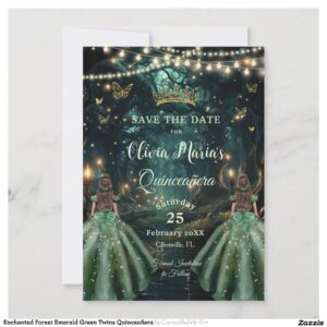 Enchanted Forest Emerald Green Twins Quincea?era Save The Date