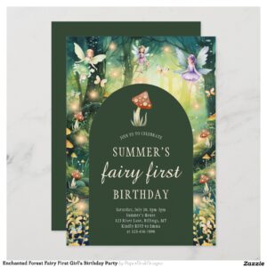 Enchanted Forest Fairy First Girl's Birthday Party Invitation