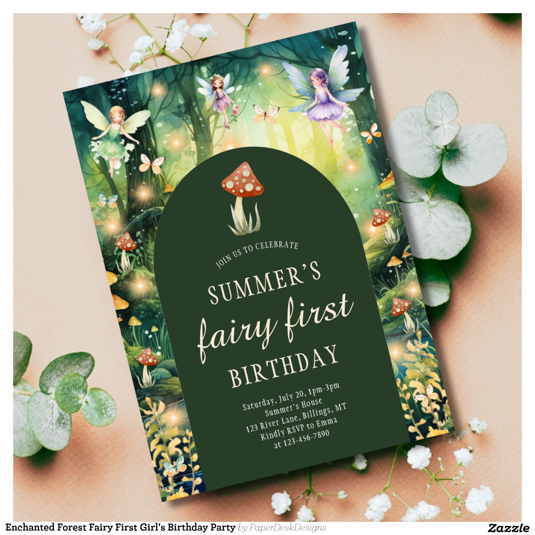 Enchanted Forest Fairy First Girl's Birthday Party Invitation