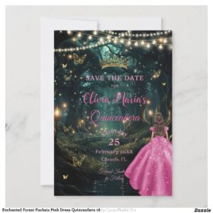 Enchanted Forest Fuchsia Pink Dress Quincea?era 16 Save The Date