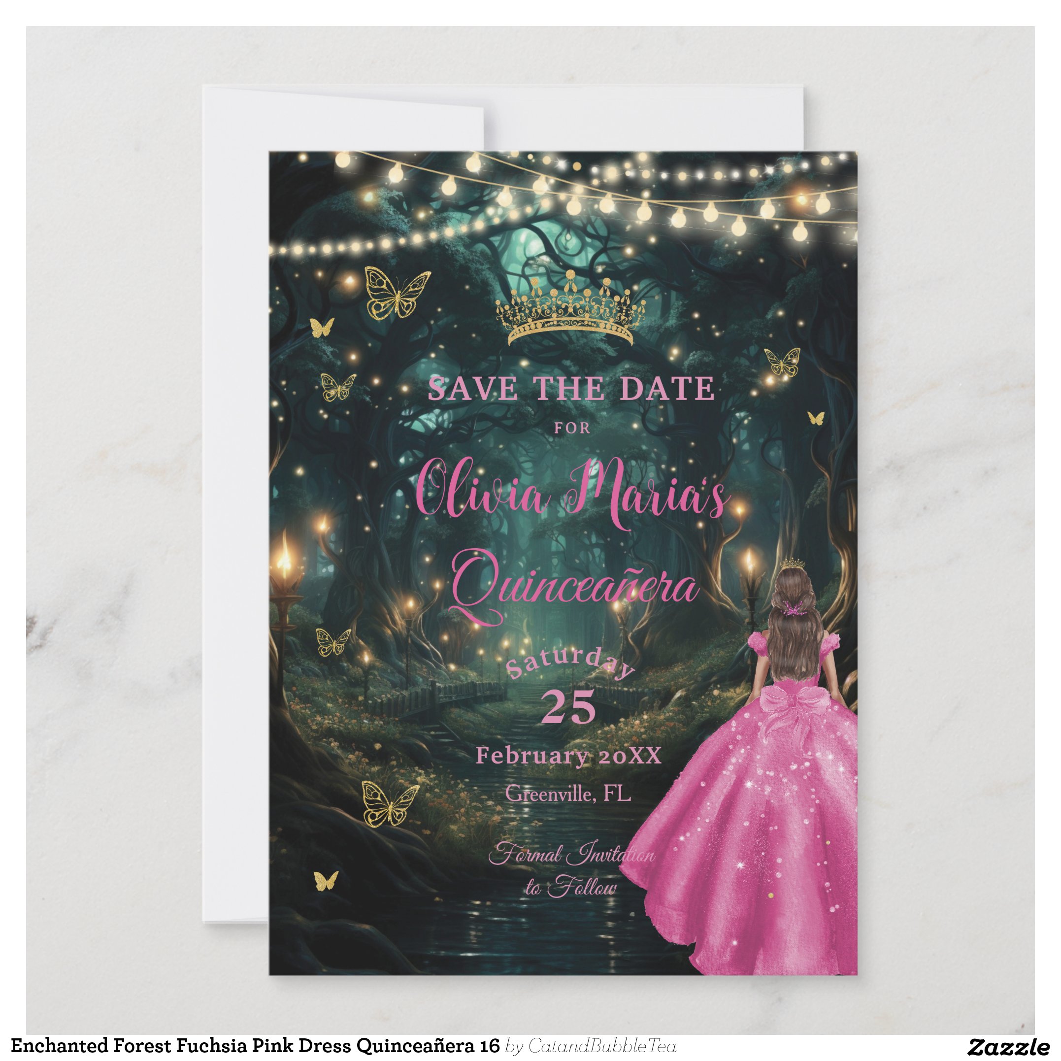 Enchanted Forest Fuchsia Pink Dress Quincea?era 16 Save The Date