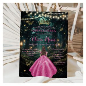 Enchanted Forest Fuchsia Pink Dress XV Quincea?era Invitation