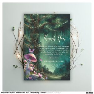 Enchanted Forest Mushrooms Pink Green Baby Shower Thank You Card