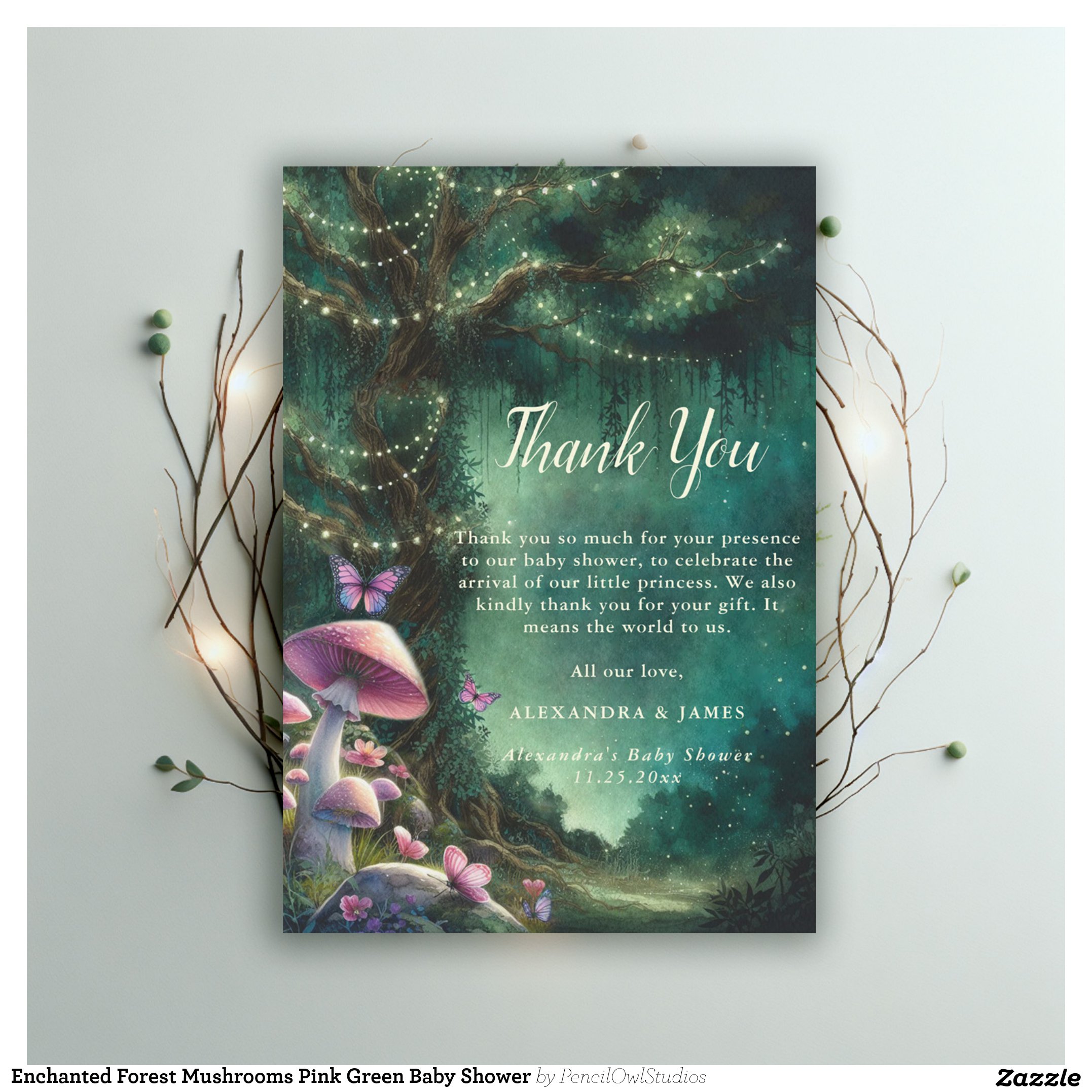 Enchanted Forest Mushrooms Pink Green Baby Shower Thank You Card