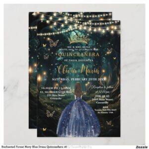 Enchanted Forest Navy Blue Dress Quincea?era 16 Invitation