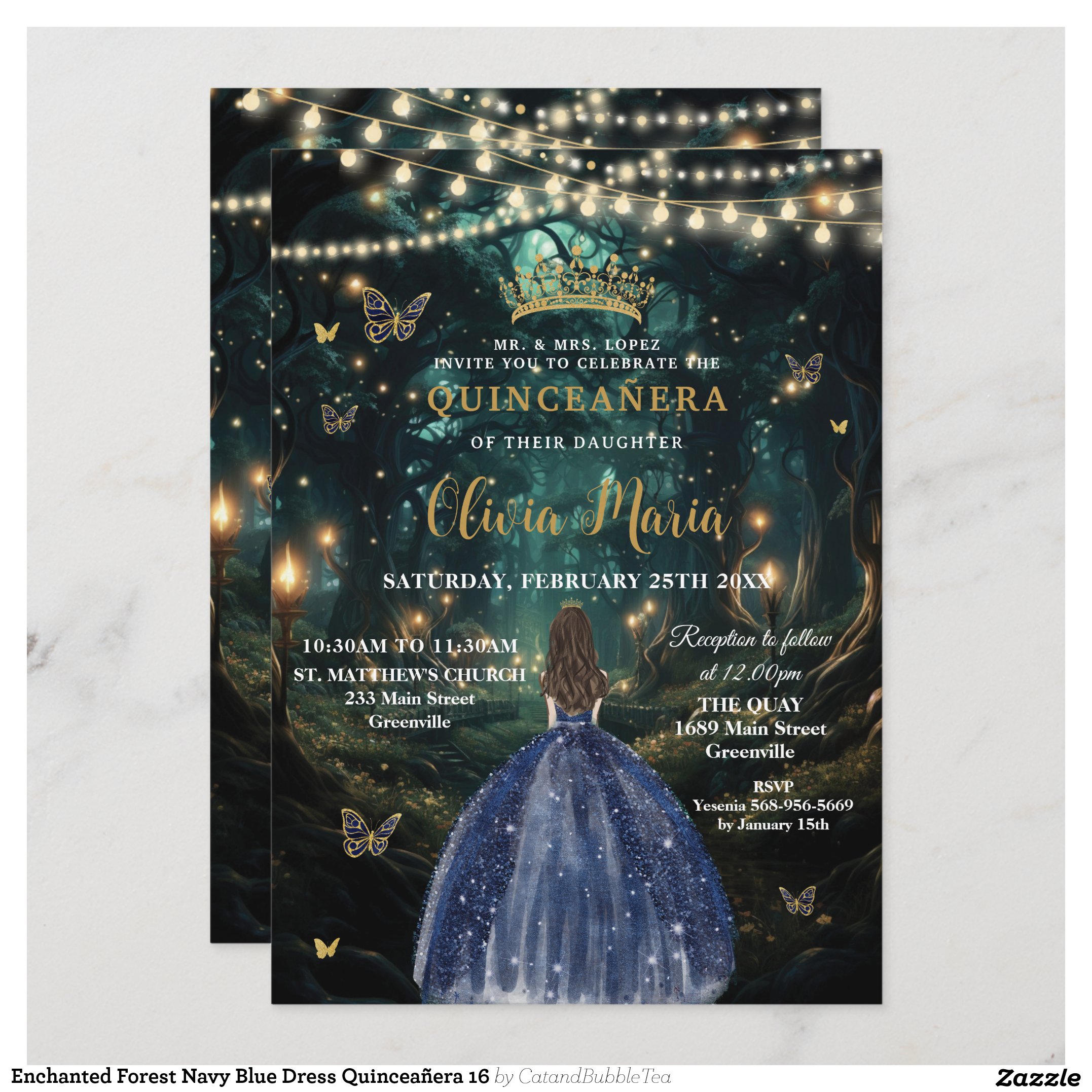 Enchanted Forest Navy Blue Dress Quincea?era 16 Invitation