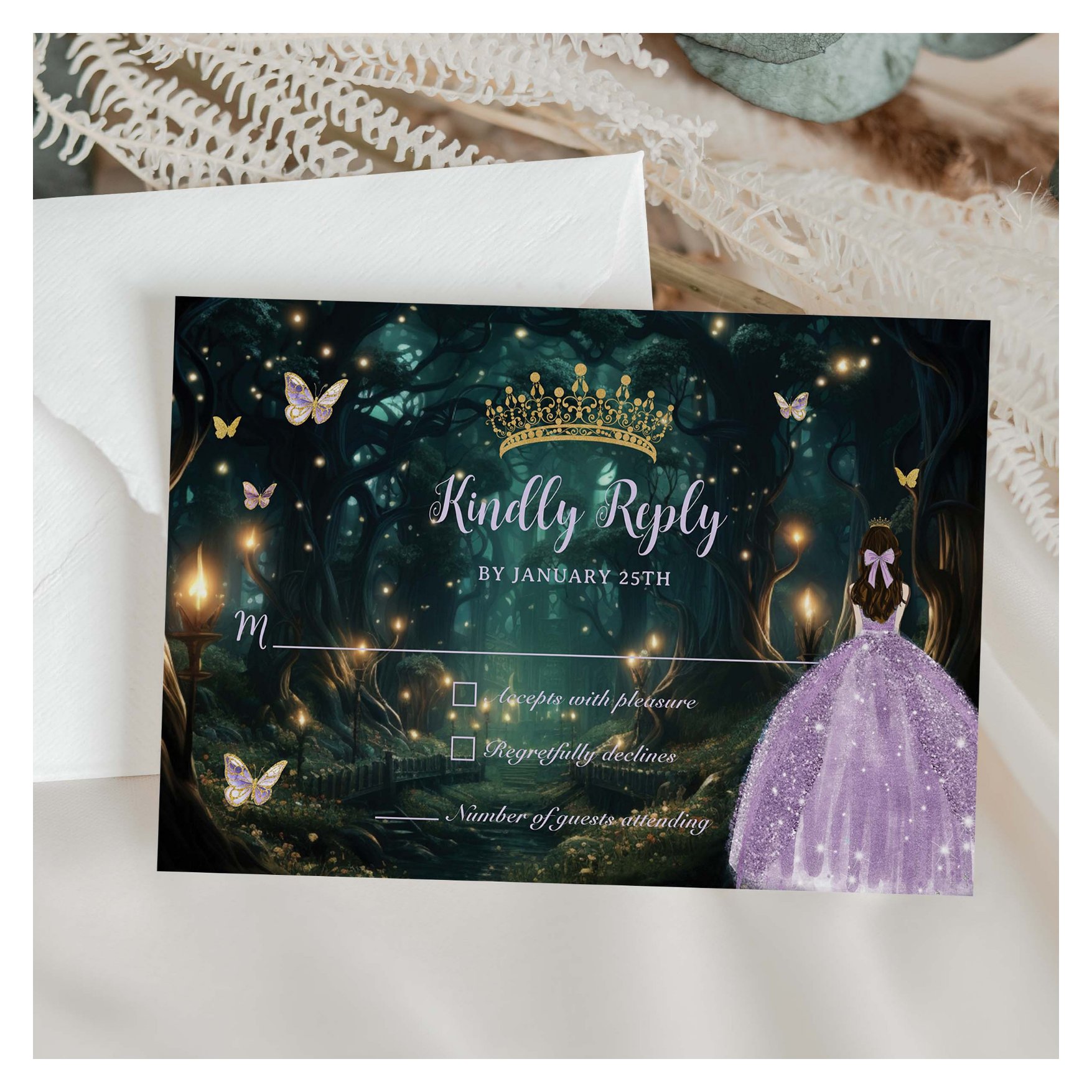 Enchanted Forest Purple Lilac Dress Quincea?era RSVP Card