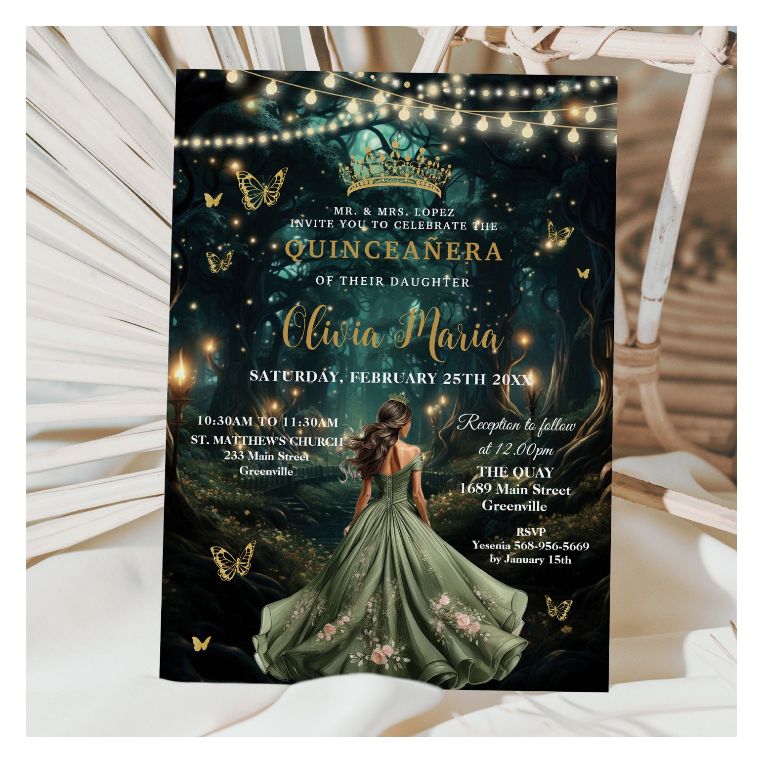 Enchanted Forest Sage Green Dress Quincea?era 16 Invitation