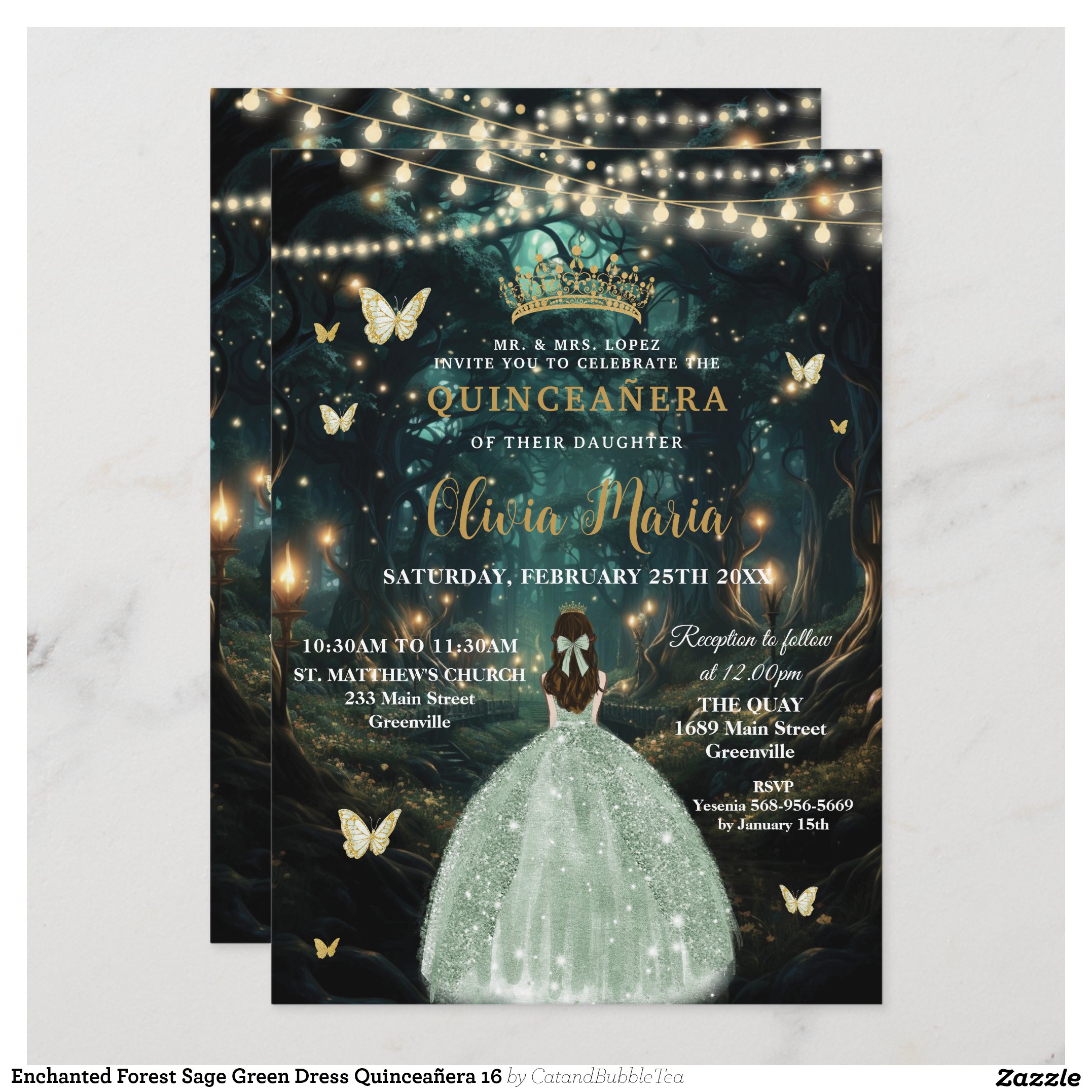 Enchanted Forest Sage Green Dress Quincea?era 16 Invitation