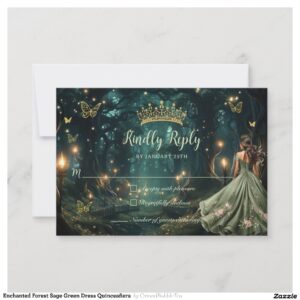 Enchanted Forest Sage Green Dress Quincea?era RSVP Card