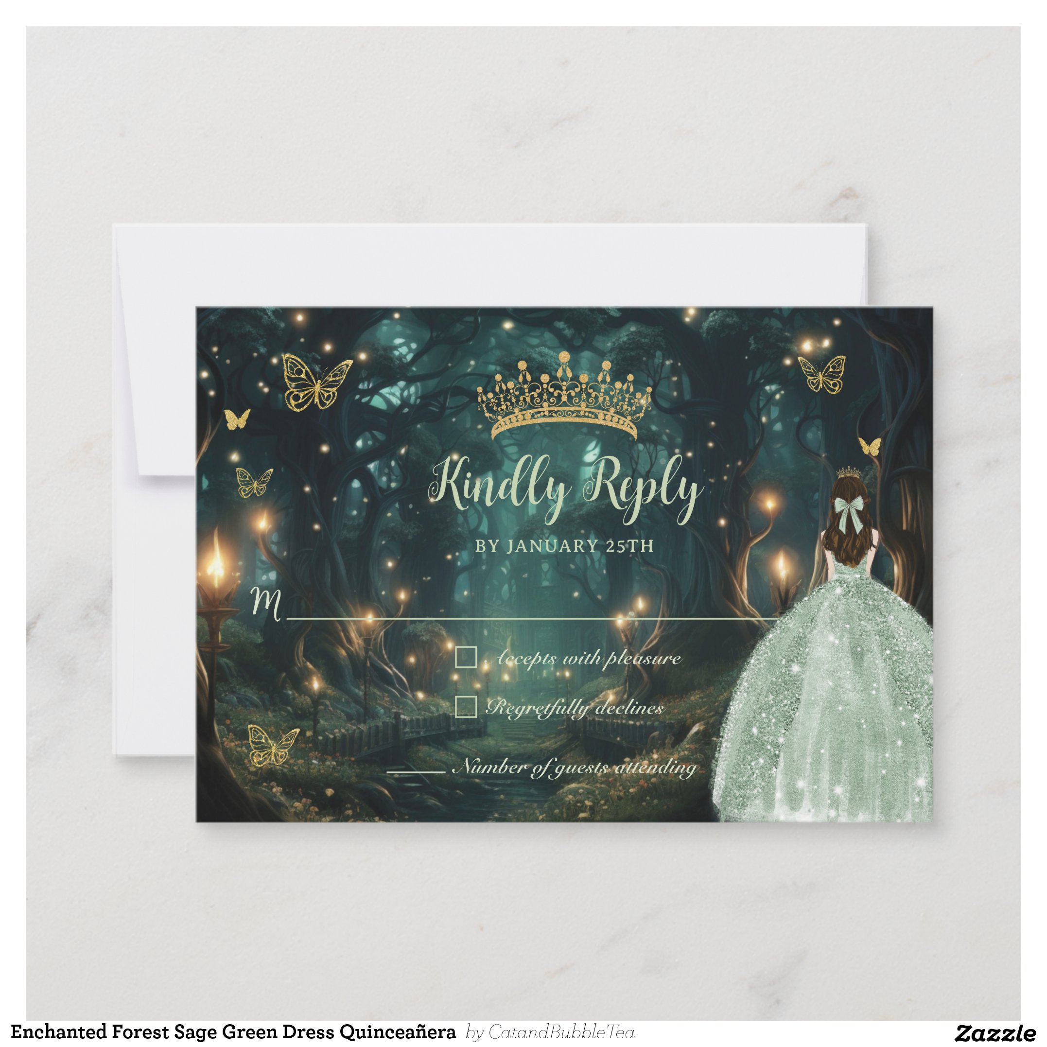 Enchanted Forest Sage Green Dress Quincea?era RSVP Card