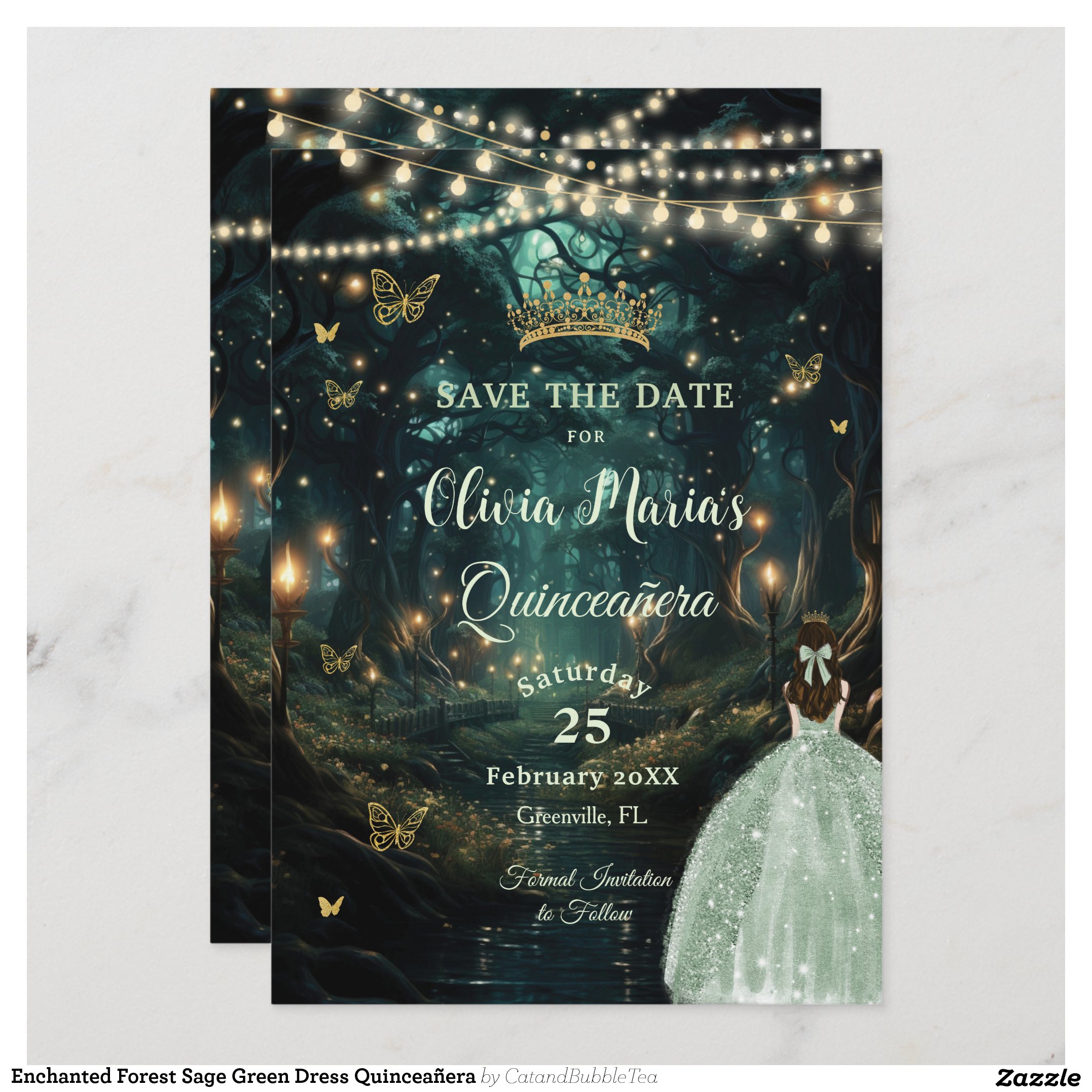 Enchanted Forest Sage Green Dress Quincea?era Save The Date