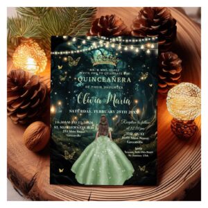 Enchanted Forest Sage Green Dress XV Quincea?era Invitation