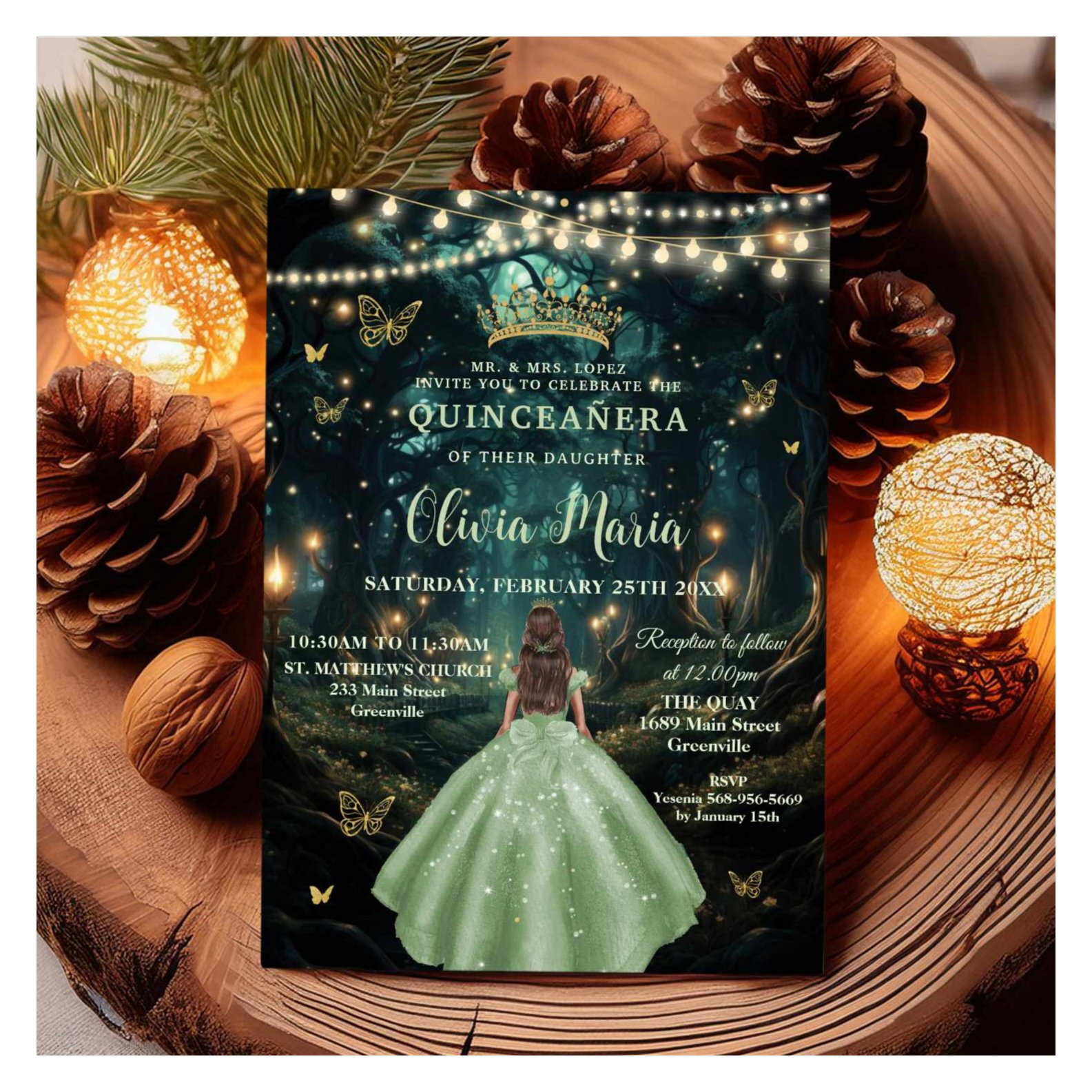 Enchanted Forest Sage Green Dress XV Quincea?era Invitation