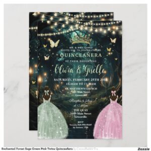Enchanted Forest Sage Green Pink Twins Quincea?era Invitation