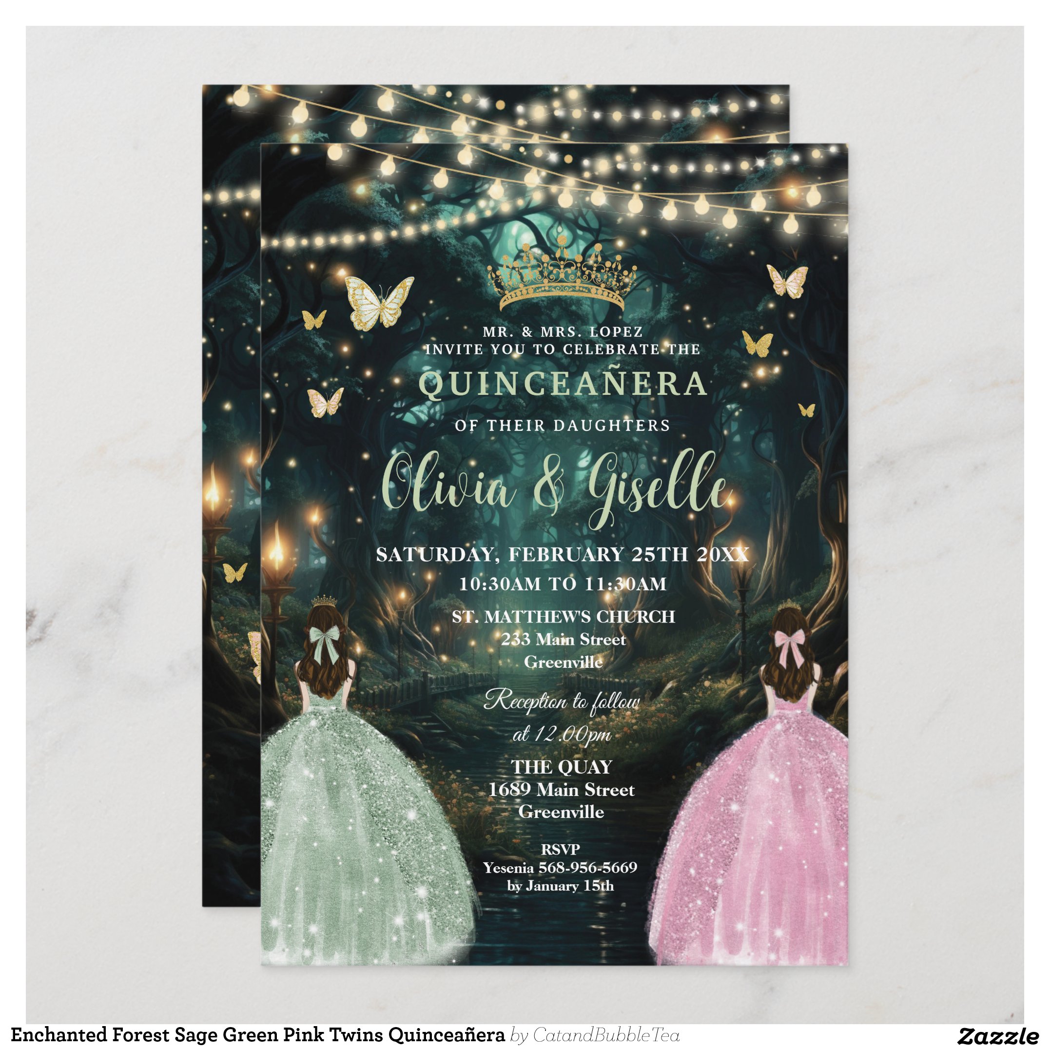 Enchanted Forest Sage Green Pink Twins Quincea?era Invitation