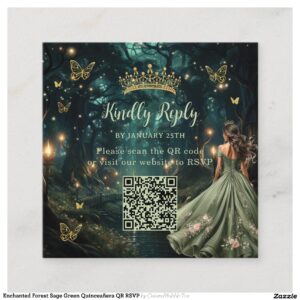 Enchanted Forest Sage Green Quincea?era QR RSVP Enclosure Card