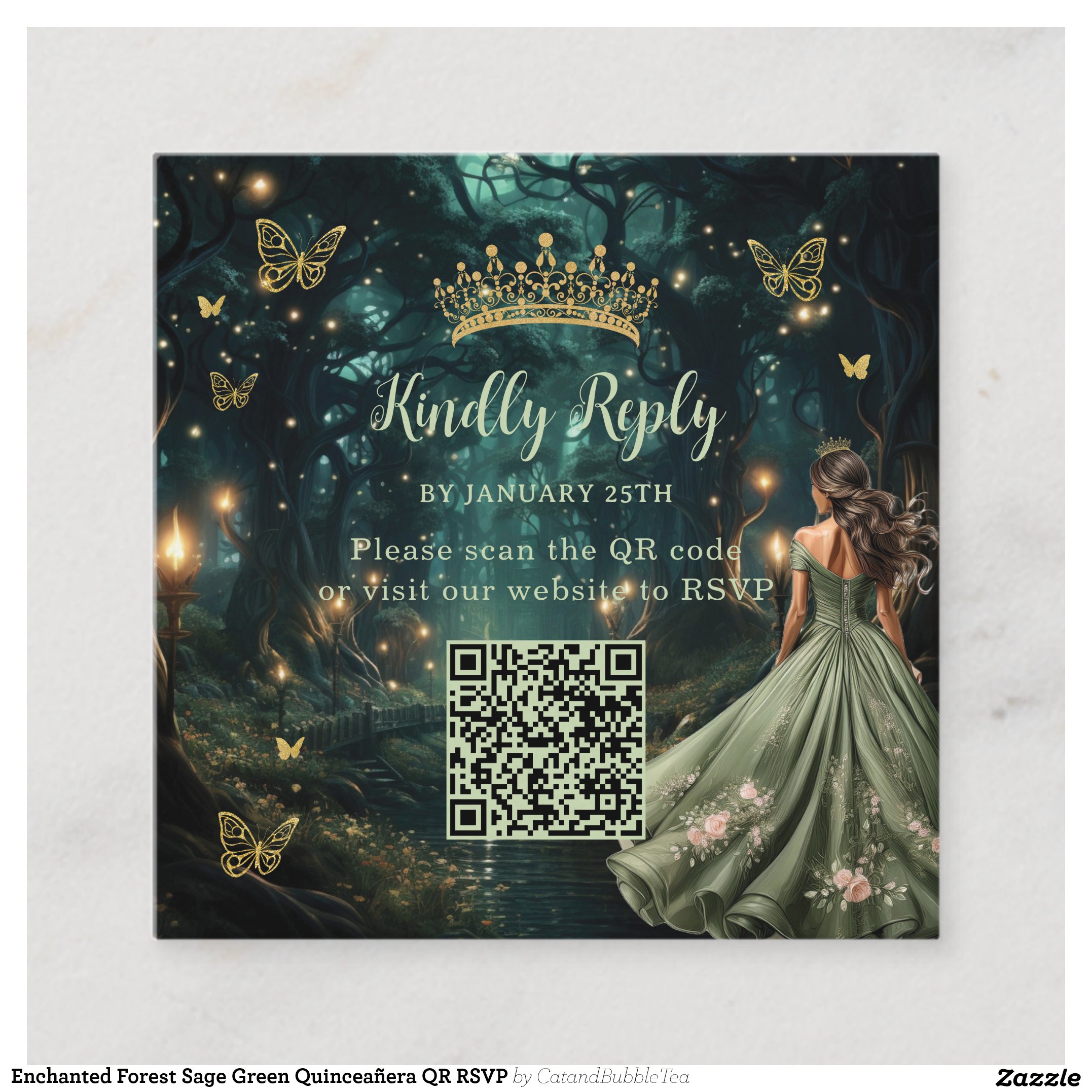 Enchanted Forest Sage Green Quincea?era QR RSVP Enclosure Card