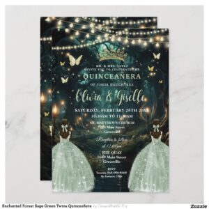 Enchanted Forest Sage Green Twins Quincea?era Invitation