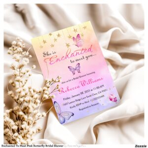 Enchanted To Meet Pink Butterfly Bridal Shower Invitation