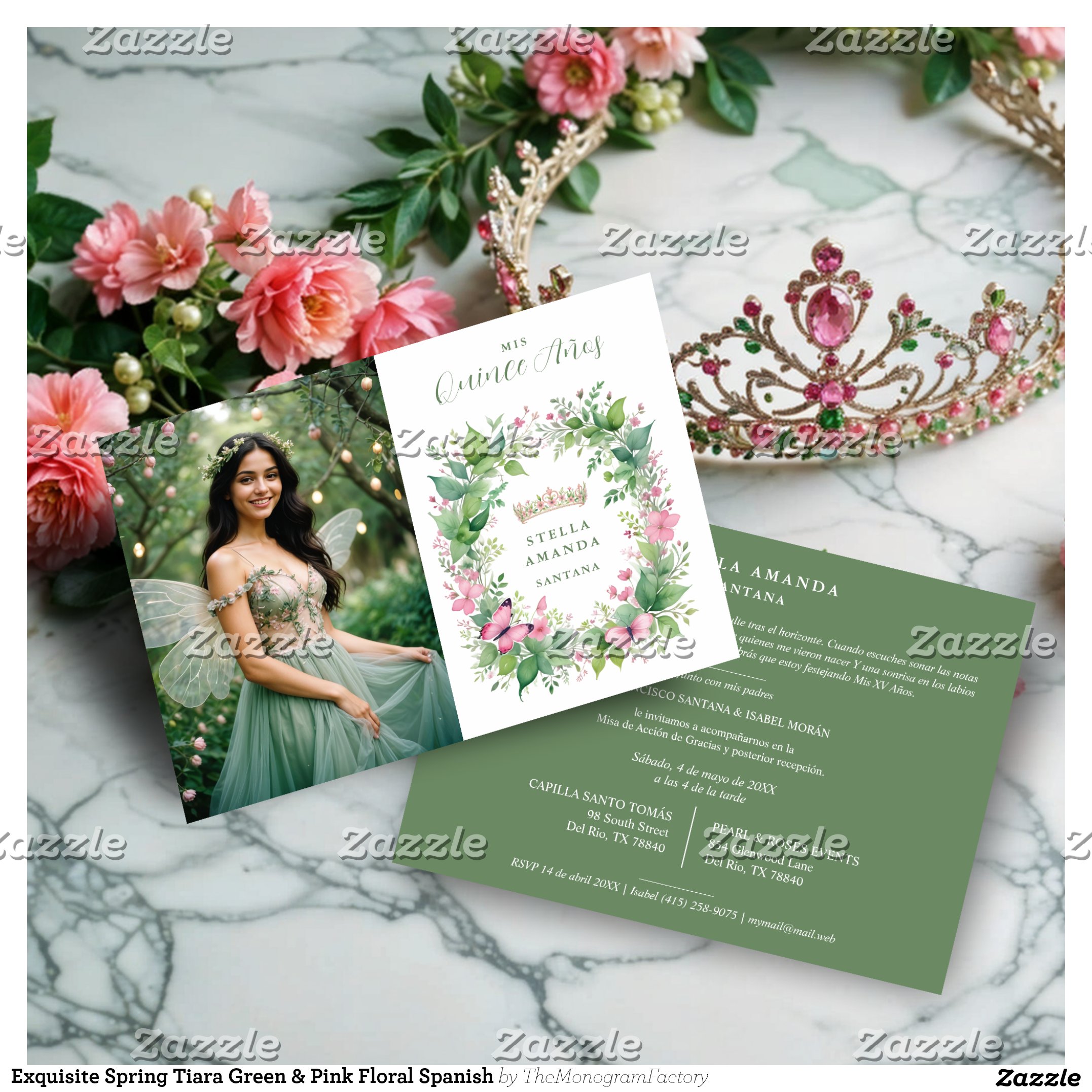 Exquisite Spring Tiara Green & Pink Floral Spanish Invitation