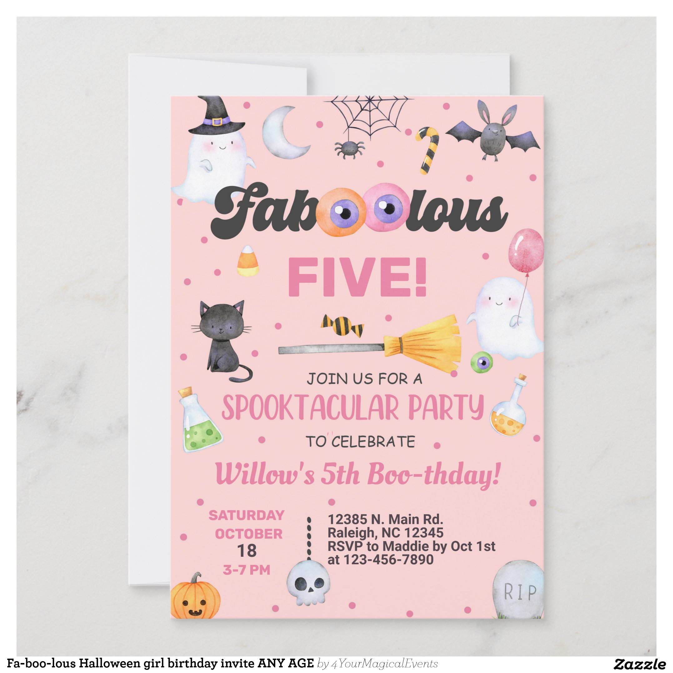 Fa-boo-lous Halloween girl birthday invite ANY AGE